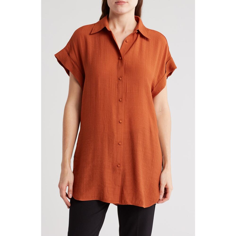 Nanette Lepore Women's Short Sleeve Button-Up Shirt in Gingerbread L